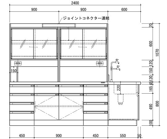 中央実験台 木製ホワイトタイプ・ケコミ型・側面流し台・試薬棚付き 2400×1200×800/1870 SAN-2412EGW 3-3871